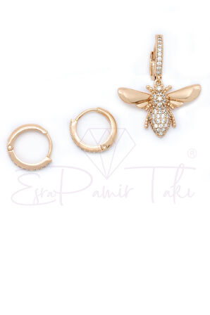 Zirkon Taşlı Rose Gold Renk Arı Küpe Seti