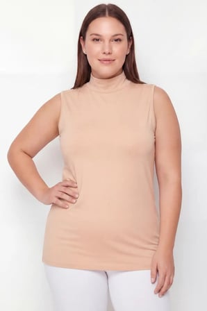 Delux Serisi Tarz Sade Bayan Kadın Büyük Beden Balıkçı Yaka Kolsuz Body Ten 3'lü Paket