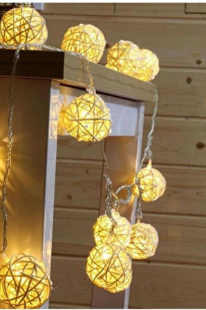 2 Adet Rattan Top Led Işık Zinciri 2mt. 10 Top Dekoratif Pilli Led Aydınlatma
