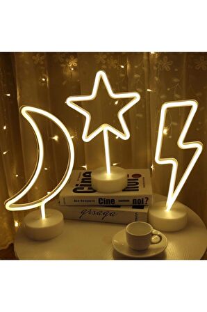 Dekoratif Hediyelik Ay Yıldız Şimşek 3'lü Usb Ve Pilli Neon Led Işık Lamba