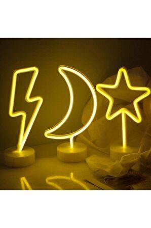 Dekoratif Hediyelik Ay Yıldız Şimşek 3'lü Usb Ve Pilli Neon Led Işık Lamba