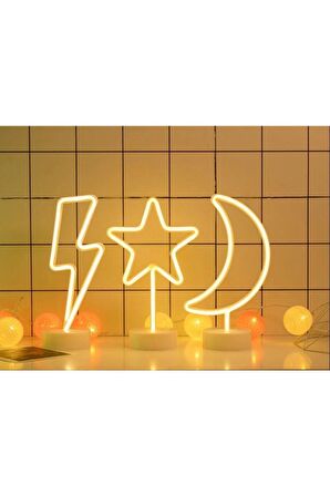 Dekoratif Hediyelik Ay Yıldız Şimşek 3'lü Usb Ve Pilli Neon Led Işık Lamba