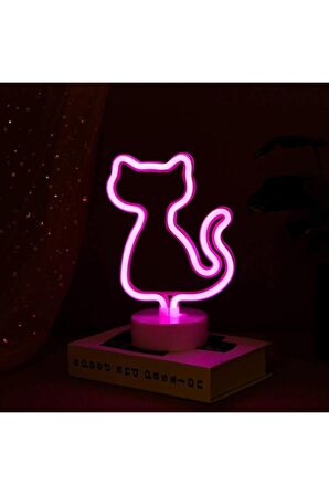 Pembe Kedi Neon Lamba Usb Ve Pilli Cat Neon Led Işık