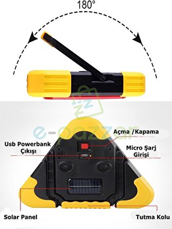 Solar Panelli 5 Mod Cob Led Araç İkaz Işığı Flaşörlü Powerbank Özellikli 2000mah Şarjlı Reflektör