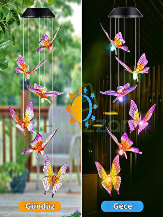 Multicolor Renk Geçişli Sevimli Kelebekler 6 Sarkıt Solar Panelli Bahçe Veranda Dekoratif Led Işık