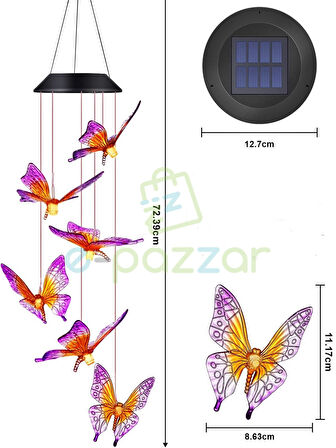 Multicolor Renk Geçişli Sevimli Kelebekler 6 Sarkıt Solar Panelli Bahçe Veranda Dekoratif Led Işık