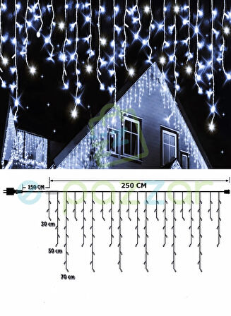 Ip65 2,5 Mt. 30/50/70 Cm Saçaklı Dış Mekan Günışığı Çakarlı Beyaz Işık Perde Led Eklemeli 220v Fişli