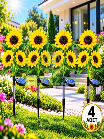 4 Adet Gerçekçi 3 Dal Ayçiçeği Solar Panelli Bahçe Balkon Teras Veranda Aydınlatma Günışığı Led Işık