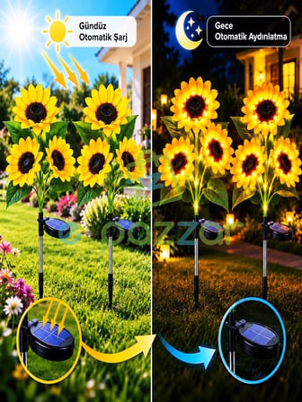 4 Adet Gerçekçi 3 Dal Ayçiçeği Solar Panelli Bahçe Balkon Teras Veranda Aydınlatma Günışığı Led Işık