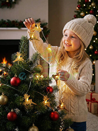 2 Mt 10'lu Gold Metal Geyik Noel Christmas Yılbaşı Parti Dekor Ağaç Konsept Süsleme Pilli Led Işık