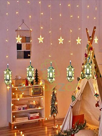 Ramazan Serisi Yeşil Kandil Konsept Süsleme 3 Mt. 10 Saçak 8 Fonksiyonlu Perde Led Işık 220v Fişli