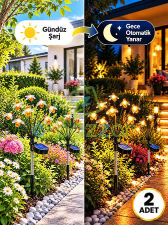 Güneş Enerjili 8 Başlı Bal Arısı Led Bahçe Lambası 2'li Set Dekoratif Solar Dış Mekan Aydınlatma