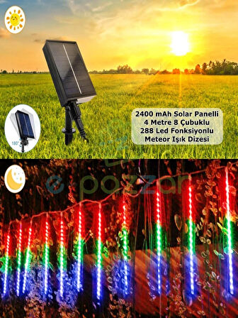 Solar Panelli Fonksiyonlu 288 Led 4 Mt. 8 Çubuk RGB Meteor Işık Dizeleri Led Aydınlatma