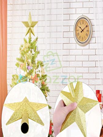 20 Cm Gold Dore Simli Işıltılı Noel Christmas Yılbaşı Ağaç Konsept Süsleme Tepe Yıldızı