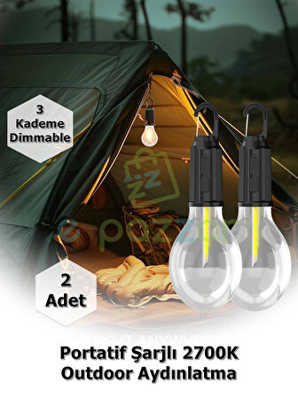 2 Adet Portatif Askılı 3 Kademeli Şarjlı Kamp Bahçe Araç Ev Araç Outdoor Işıldak Aydınlatma Led Lamb