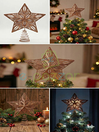 25 Cm Lüx Bakır Simli  Yılbaşı Ağacı Tepe Yıldızı Organizasyon Christmas Konsept Parti Dekor Süsleme