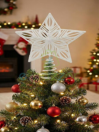 25 Cm Lüx Beyaz Simli  Yılbaşı Ağacı Tepe Yıldızı Organizasyon Christmas Konsept Parti Dekor Süsleme