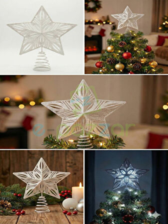 25 Cm Lüx Beyaz Simli  Yılbaşı Ağacı Tepe Yıldızı Organizasyon Christmas Konsept Parti Dekor Süsleme