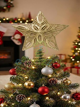 25 Cm Lüx Gold Simli  Yılbaşı Ağacı Tepe Yıldızı Organizasyon Christmas Konsept Parti Dekor Süsleme