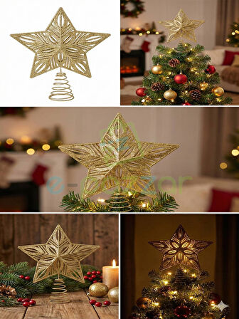 25 Cm Lüx Gold Simli  Yılbaşı Ağacı Tepe Yıldızı Organizasyon Christmas Konsept Parti Dekor Süsleme