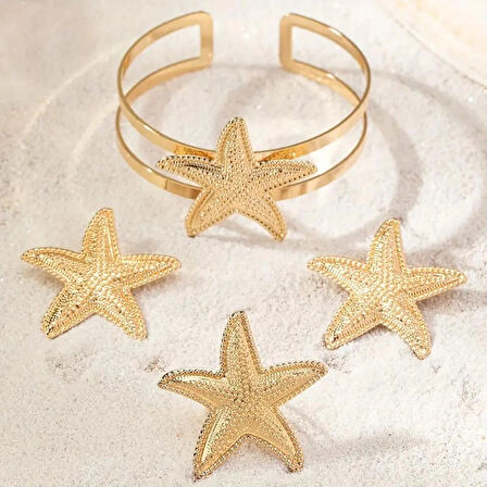 Deniz Yıldızı Charm Bileklik ve Küpe Yüzük Seti  Altın Kaplama