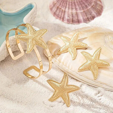 Deniz Yıldızı Charm Bileklik ve Küpe Yüzük Seti  Altın Kaplama