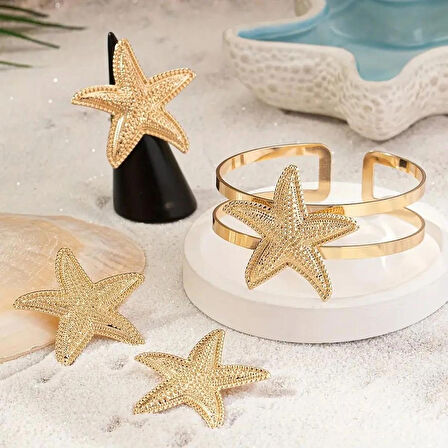 Deniz Yıldızı Charm Bileklik ve Küpe Yüzük Seti  Altın Kaplama