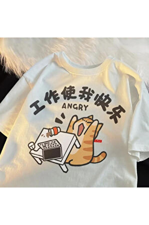 Angry Cat Baskılı Beyaz Unisex Oversize T-shirt