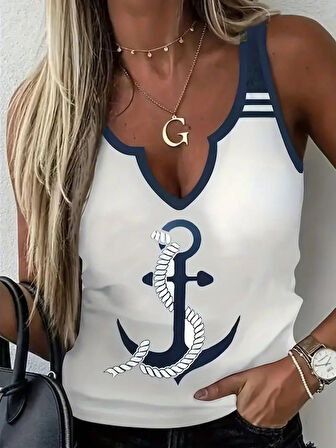 EQURİ Kadın Kalp Yaka çıpa Baskılı Süprem Bluz