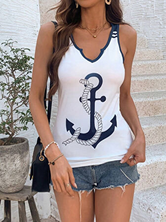 EQURİ Kadın Kalp Yaka çıpa Baskılı Süprem Bluz