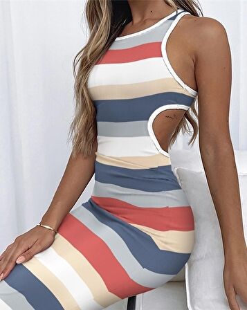 EQURİ Kadın Kolsuz Bel Dekolte Detay şerit Desenli Pegasus Kumaş Elbise