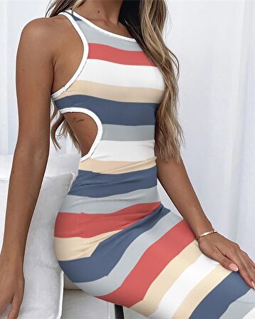 EQURİ Kadın Kolsuz Bel Dekolte Detay şerit Desenli Pegasus Kumaş Elbise