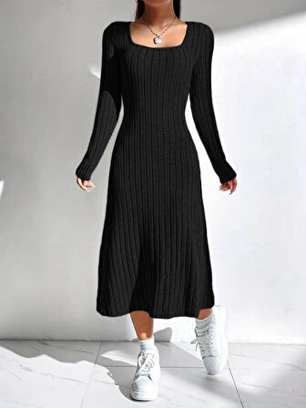 EQURİ Kadın Uzun Kollu Kare Yakalı Midi şardonlu Kaşkorse Elbise