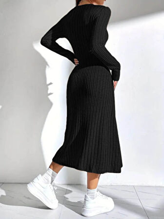 EQURİ Kadın Uzun Kollu Kare Yakalı Midi şardonlu Kaşkorse Elbise