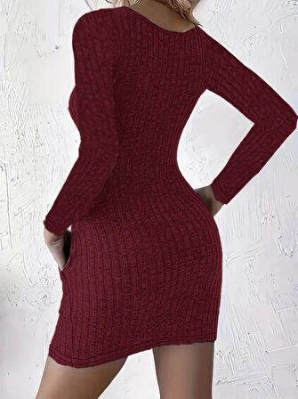 EQURİ Kadın Uzun Kollu Yakası Açık Düğme Ve Cep Detaylı Kısa şardonlu Kaşkorse Elbise