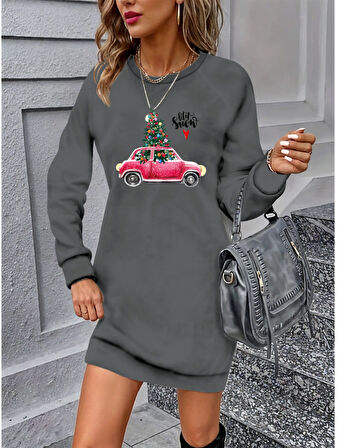 EQURİ Kadın Uzun Kollu Bisiklet Yaka Desenli Viskon Iki Iplik Elbise