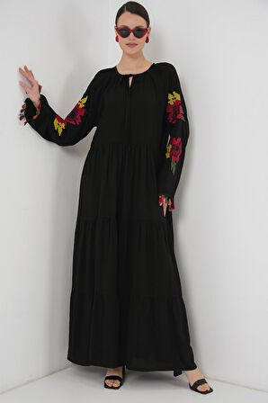 EQURİ Nakışlı Uzun Elbise 2534 - Siyah