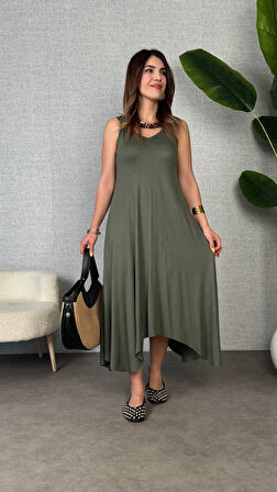 EQURİ Kadın çan Dokuma Kumaş V Yaka Asimetrik Kesim Elbise