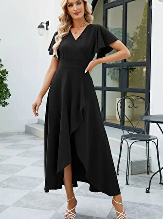 EQURİ Kadın Kısa Kollu Kruvaze Yakalı önden Volanlı çapraz Kesim Detaylı Maksi Boy Ithal Krep Elbise