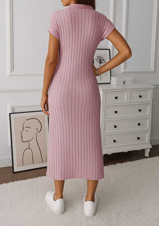 EQURİ Kadın Kısa Kollu Yakalı Yandan Yırtmaçlı Kalın Fitilli Kaşkorse Elbise