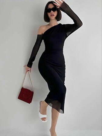 EQURİ Omuz Asimetrik Detaylı Uzun Şifon Elbise - Siyah