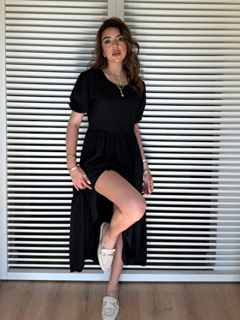 EQURİ Kadın Kısa Kollu Yakası Açık Katlı Bürümcük Balon Elbise