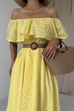 EQURİ Sarı Omzu Lastikli Brode Elbise