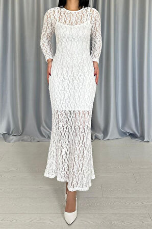 EQURİ Beyaz Dantelli Uzun Kollu Elbise