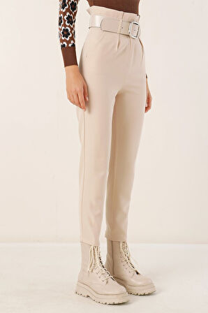 EQURİ 6556 Kemerli Kumaş Pantolon - Krem