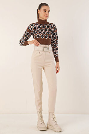 EQURİ 6556 Kemerli Kumaş Pantolon - Krem