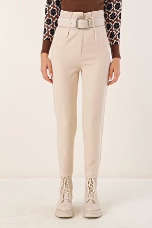 EQURİ 6556 Kemerli Kumaş Pantolon - Krem
