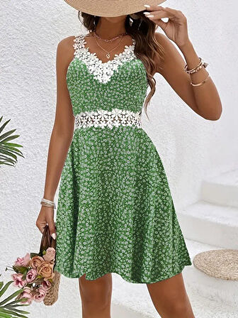 EQURİ Kadın Askılı Dantel Yakalı çiçek Desenli Süprem Elbise