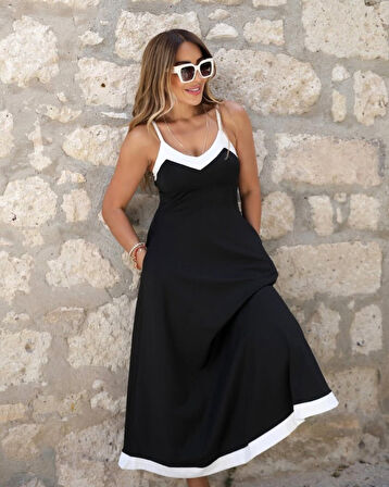 EQURİ Kadın Ip Askılı V Yakalı çift Renkli Janjan Krep Elbise