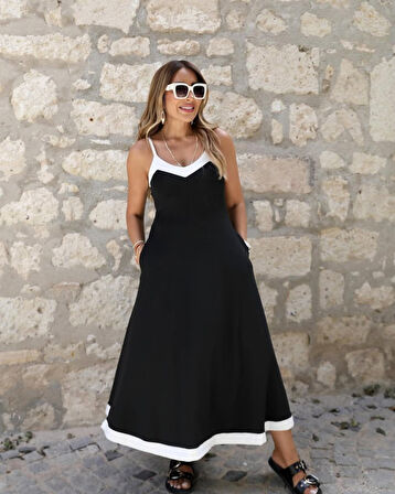 EQURİ Kadın Ip Askılı V Yakalı çift Renkli Janjan Krep Elbise